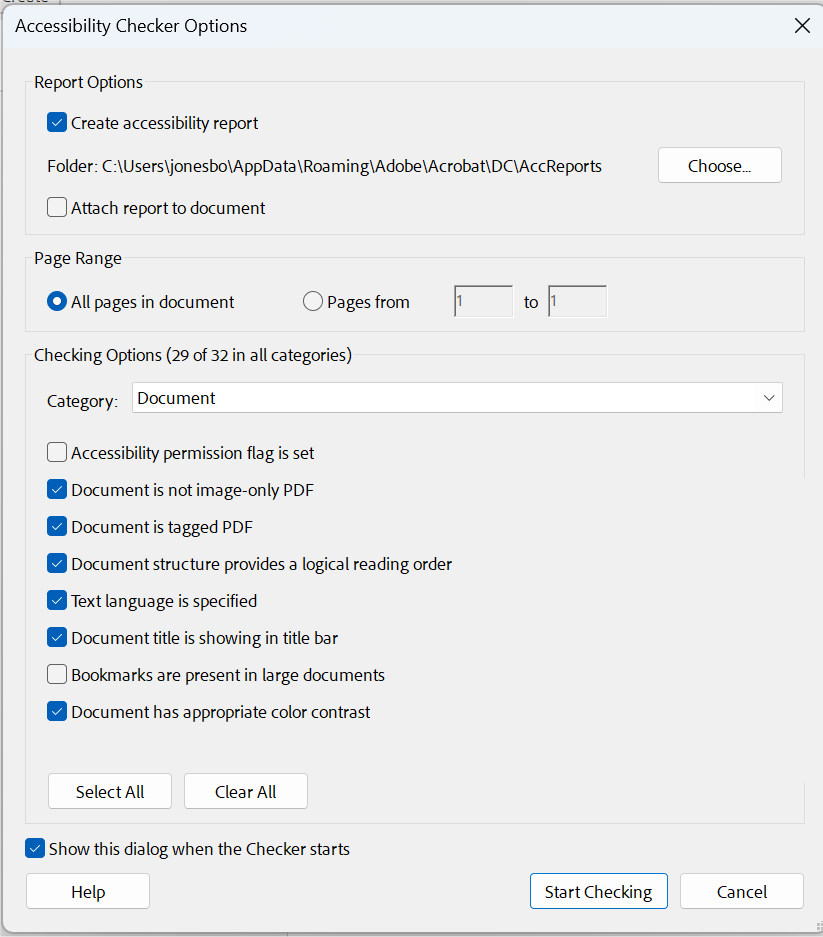 Adobe Acrobat's Accessibility Checker's Options Window
