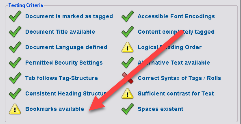 The user interface of PAC shows that it checks whether Bookmarks are available in PDFs.