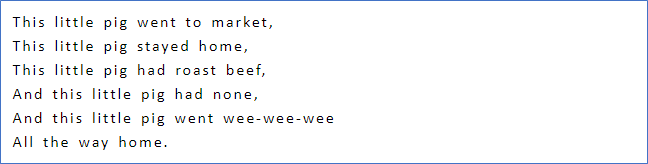 The Three Little Pigs rhyme with the text size being consistant.