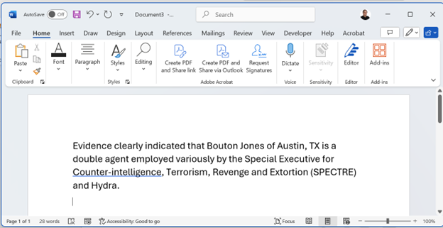 The entire text of the redacted paragraph copied to a new Word document.  The text that was meant to be redacted is clearly not.