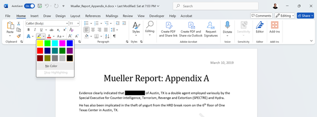 A Word document with the text meant to be redacted highlighted in black.  Black text over black background.