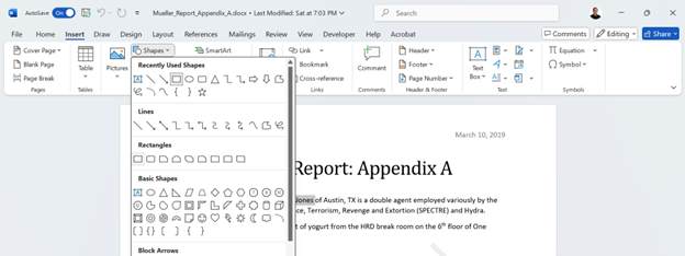 A Word document with Insert tab and the Shapes option selected.