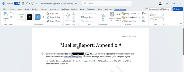 A Word document with Shape Format tab and the black fill option selected.
