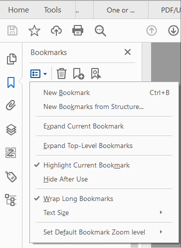 screen capture showing the bookmark panel in Adobe Acrobat