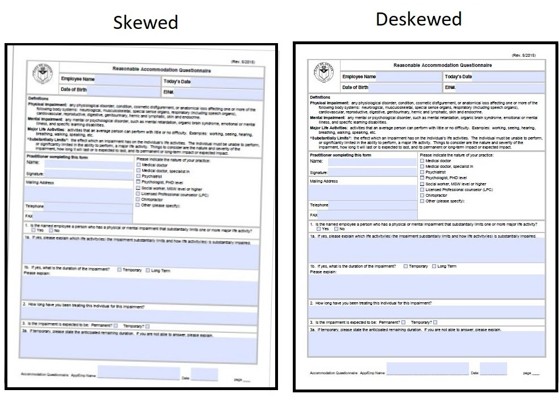 an original skewed page and a deskewed version side by side